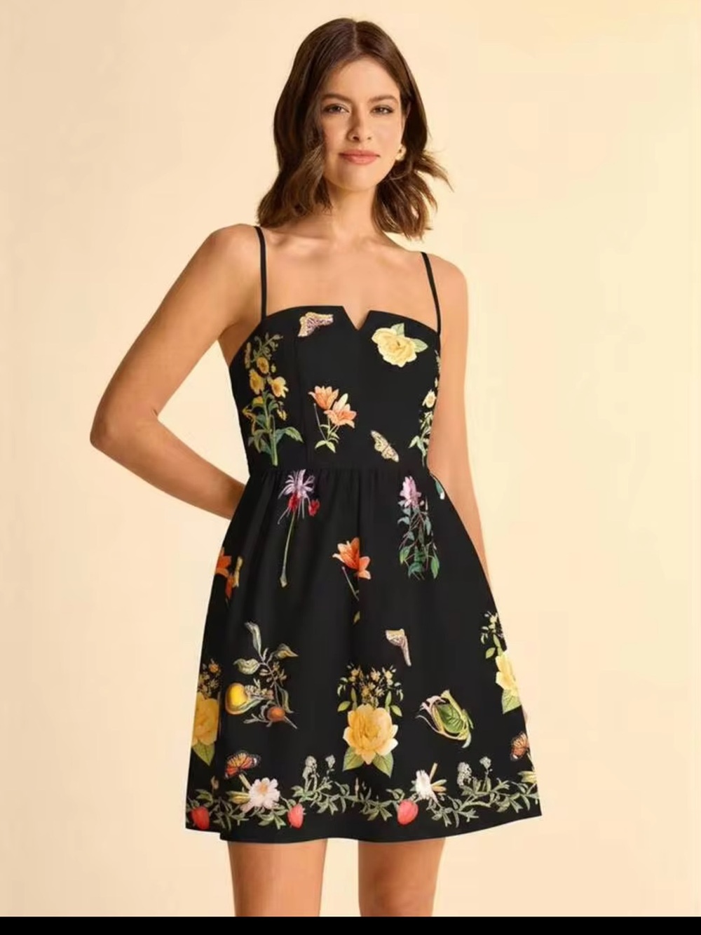 Floral Black Botanical Butterfly Caterpillar Spaghetti Strap Dress